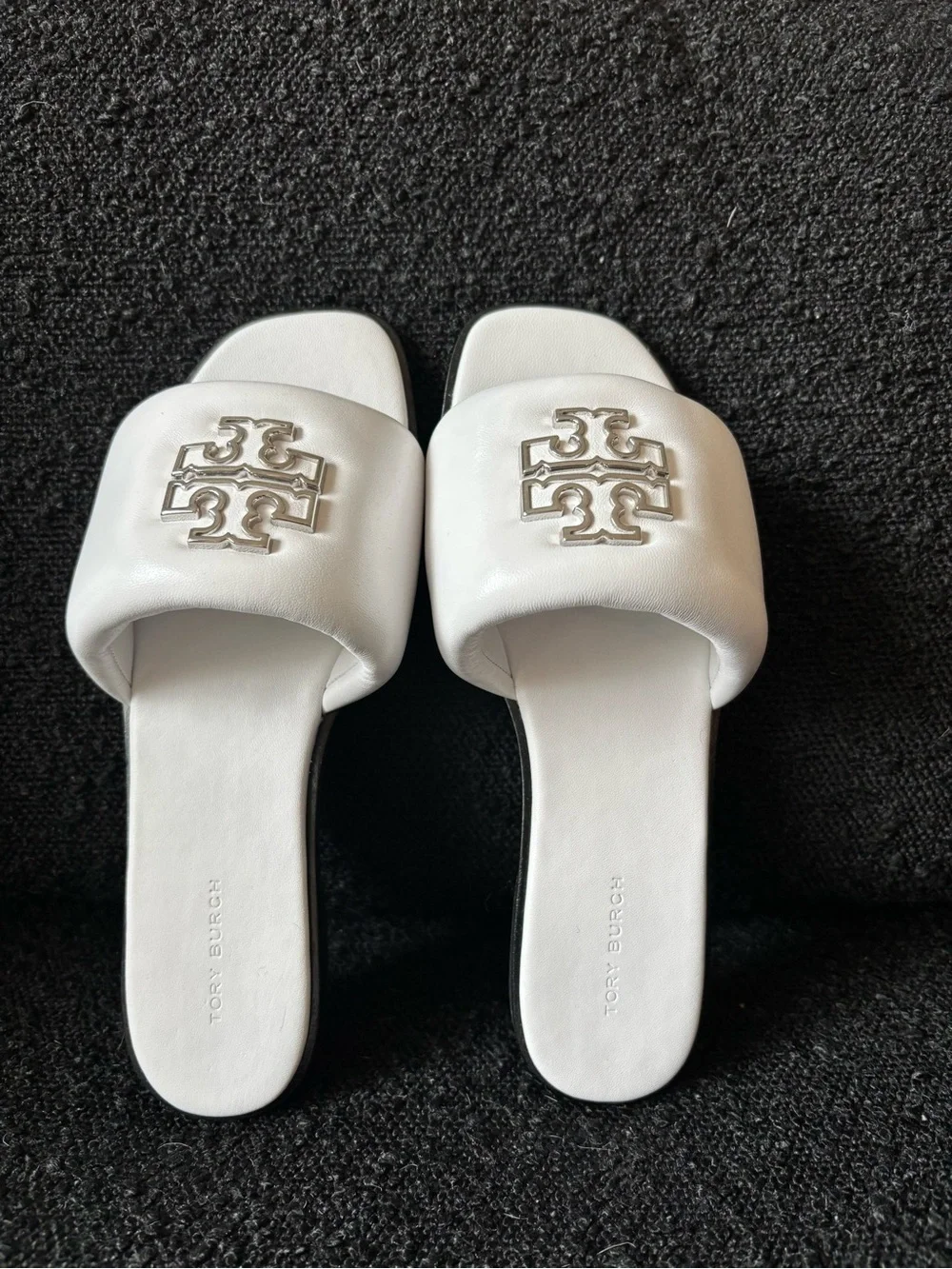 Tory Burch White Britten Puffy Slide Sandals with Silver Logo
